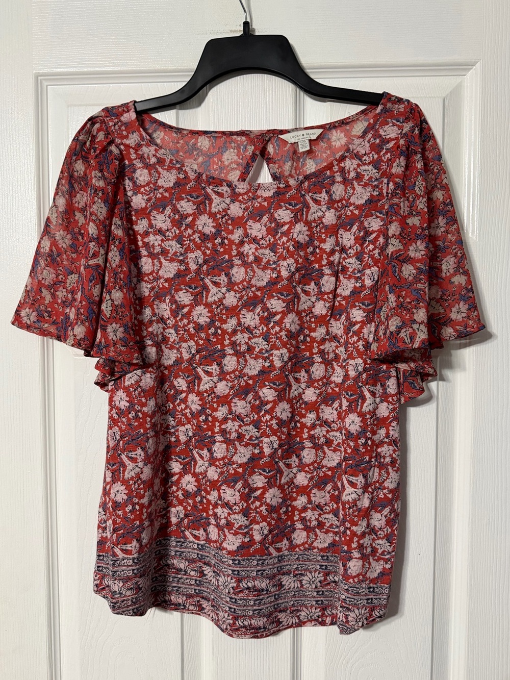Lucky Brand Floral Flutter-Sleeve Blouse with Cutout Back
